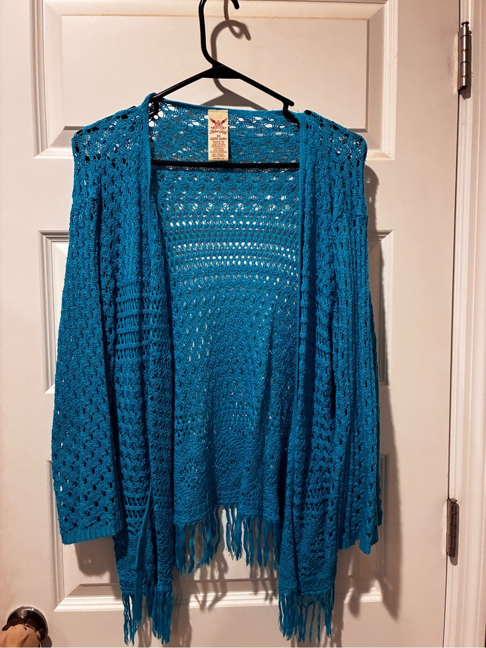 Faded Glory Teal Open-Knit Fringe Cardigan